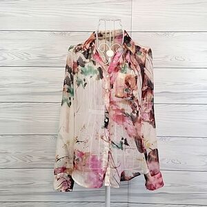 Guess Floral Sheer Button-Down Blouse in Cream, Pink, Green